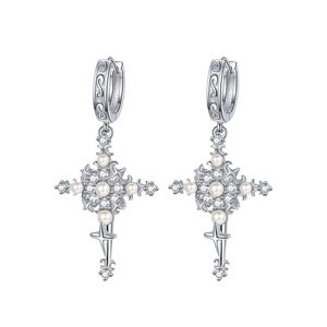 Boucles d'oreilles S925 en argent avec pendentif fleur croix et perles blanches