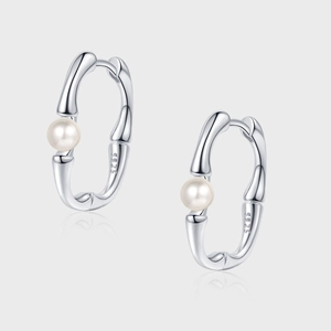 French Luxury 925 Sterling Silver Bamboo Joint Hoop Earrings With Artificial Pearl Elegant Minimalist Women Jewelry Silver Accessory