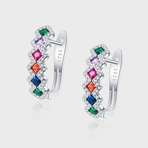 925 Sterling Silver Colorful Square Zirconia Huggie Earrings For Women Pave Rhinestone Geometric Fashion Jewelry Gift