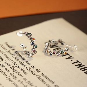 Elegant S925 sterling silver C-shaped hoop earrings with colorful rainbow gemstones