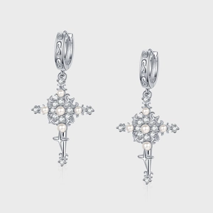 Boucles d'Oreilles Créoles Gothiques Croix Vintage en Argent Sterling 925 Avec Künstliche Perle Et Zirconium Style Palais Rétro Bijoux Femme Fêtes