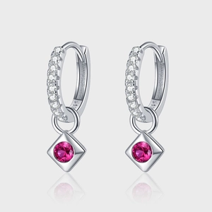 Pendientes de Aro de Plata de Ley 925 para Mujer Colgante Cuadrado Geométrico Strass Rojo Azul Joyería de Moda