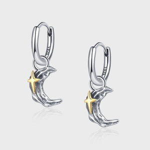 Vintage S925 Sterling Silver Crescent Moon Star Earrings Meteorite Texture Gold Silver Contrast Retro Jewelry For Women