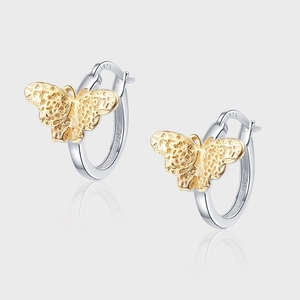 925 Sterling Silver Butterfly Hoop Earrings Gold Silver Contrast Texture Dainty Insect Dangle Earrings For Women Fashion Jewelry