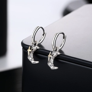Vintage S925 silver crescent moon hoop earrings with meteorite texture and gold star