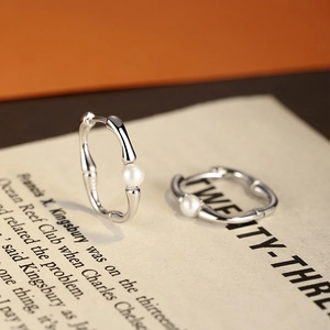 S925 Sterling silver bamboo-style hoop earrings with white pearl detail for women