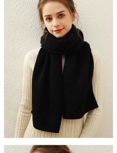 Close-up of black vertical rib knit texture and warm material of the winter scarf