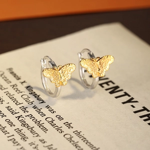 Textured S925 silver butterfly earrings with two-tone gold and silver finish style
