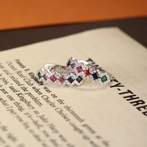 S925 sterling silver geometric hoop earrings with colorful square crystals and white zircons