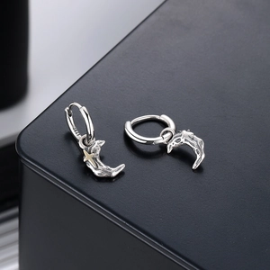 Retro S925 silver crescent moon earrings with meteorite texture and gold star accents
