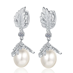 Elegant S925 sterling silver pearl vine leaf earrings with sparkling cubic zirconia accents