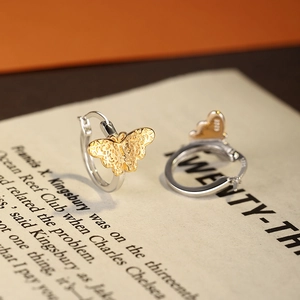 S925 sterling silver butterfly hoop earrings with gold and silver two-tone texture