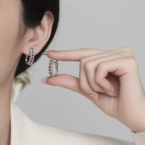 S925 sterling silver hoop earrings featuring colorful square-cut gemstones and pave diamonds