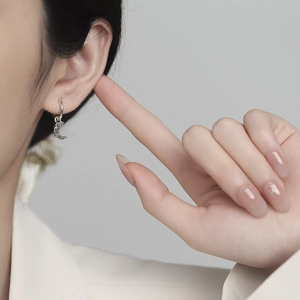 Vintage S925 sterling silver crescent moon hoop earrings with meteorite texture for women