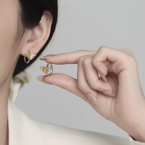 S925 sterling silver butterfly drop earrings with textured gold and silver contrast style