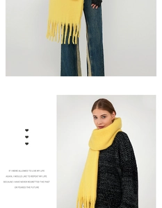 Detail of bright yellow knit mohair scarf with thick tassel fringe on black sweater