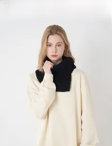 Close-up of black wool blend knit neck warmer showing vertical ribbed texture and fit