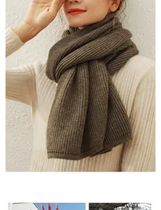 Detail of dark brown knit scarf showing vertical ribbed texture and thick premium fabric