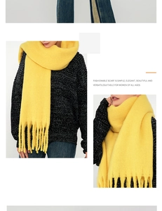 Detail of bright yellow soft mohair scarf with thick texture and fringe tassels for winter