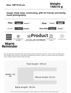 Size chart for gray striped shawl wrap showing dimensions 100x51cm and care instructions
