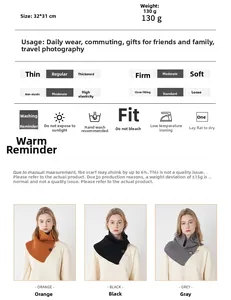 Detail view of wool-blend knit neck warmer with buttons and technical size dimensions