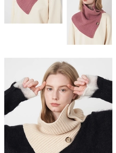 Detailed knit texture and wooden buttons on wool blend infinity scarves for winter