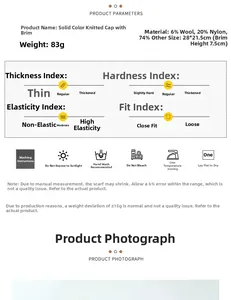Detailed size and material chart for solid knit wool blend cuffed beanie with washing care