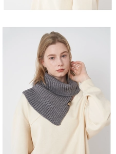Detail of grey knitted neck warmer featuring thick ribbed wool texture and dark button