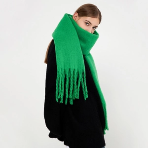 Thick bright green mohair scarf with long tassels for women's winter warmth