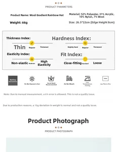 Detailed chart showing wool blend material composition and washing care for the beanie