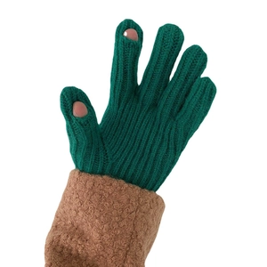 Gants d'hiver en tricot vert foncé avec ouvertures tactiles et revers en fourrure brune