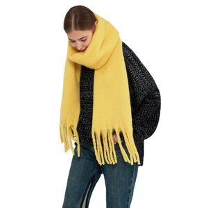 Thick bright yellow mohair scarf with tassels for women, warm winter knit wrap shawl