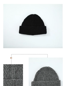 Detail of ribbed wool knit texture on black and grey beanie with fold-over cuff design