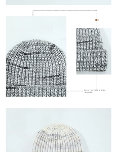 Detailed close-up of thick rib-knitted wool beanie hats with fold-over cuff and textured yarn