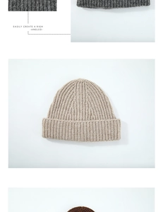 Detail of ribbed knit texture on warm wool blend beanies in various neutral colors
