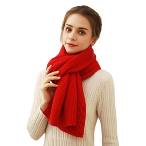 Red thick rib-knit winter scarf made of soft cashmere-like fabric for women