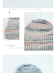 Detailed macro view of the multi-color space-dye wool blend knit beanie and thick rib texture