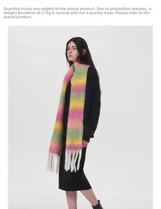 Dettaglio ravvicinato della sciarpa in mohair a righe colorate con spesse nappe bianche