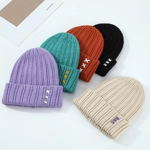 Bonnet en Tricot Chaud Automne Hiver Design Artisanal pour Hommes Femmes Couleur Unie Broderie Croisée Bonnet à Revers