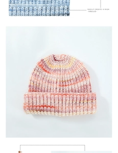 Detailed macro view of the colorful space-dye knitted wool beanie with thick ribbed texture
