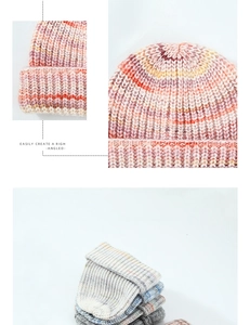 Close-up of thick rib-knit wool blend beanie showing texture and multi-color stacked options