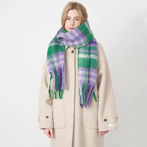 Écharpe à Carreaux Vintage Français pour Femme Hiver Chaud Polyester Écharpe à Carreaux Glands Franges Classique Doux Long Tour de Cou