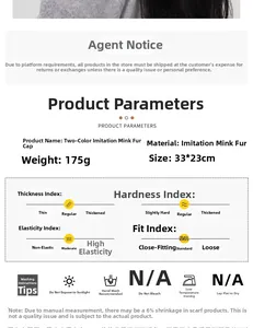 Größentabelle und Materialdetails für die gestreifte Balaclava-Mütze aus Webpelz