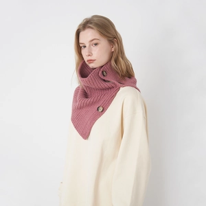 Dusty pink wool knit scarf with decorative brown buttons for winter windproof neck wear