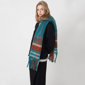 Écharpe à carreaux douce pour femmes en bleu et orange avec de longues franges