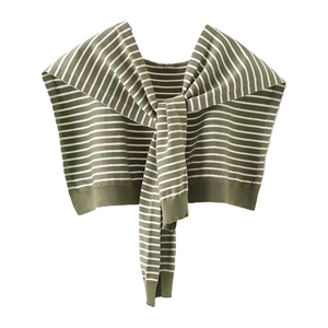 Green and white striped knitted shawl with front tie detail for women's layering