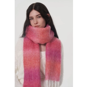 Sciarpa di lusso in lana mohair con sfumature rosa e arancioni e nappe bianche da donna