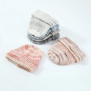 Winter chunky knit wool blend beanies in various mixed colors with ribbed texture cuffs