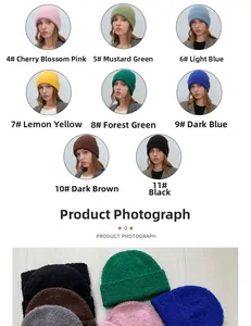 Detail showcasing eight color options of warm textured knit beanies in various trendy shades