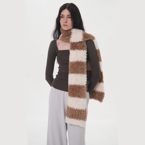 Damen Winter Verdickt Gestreift Kapuzenschal Warm Kunstpelz Integrierter Hut Schal Kontrastfarbe Gestrickter Halswärmer Zubehör